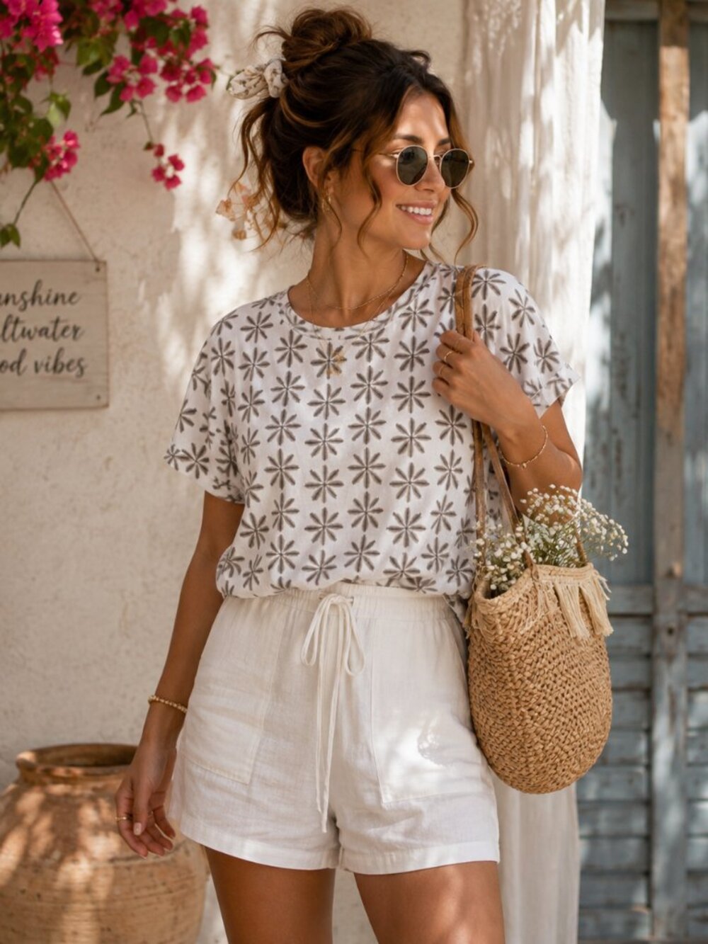 LOFT Outlet White Gray Geometric Floral Print Short Sleeve Top SZ XS | Tropical